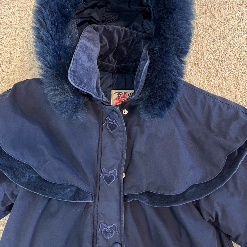 VINTAGE Big Chill Hooded Capelet Parka 10 Navy Blue Velvet Trim Heart Faux Fur - Picture 3 of 8
